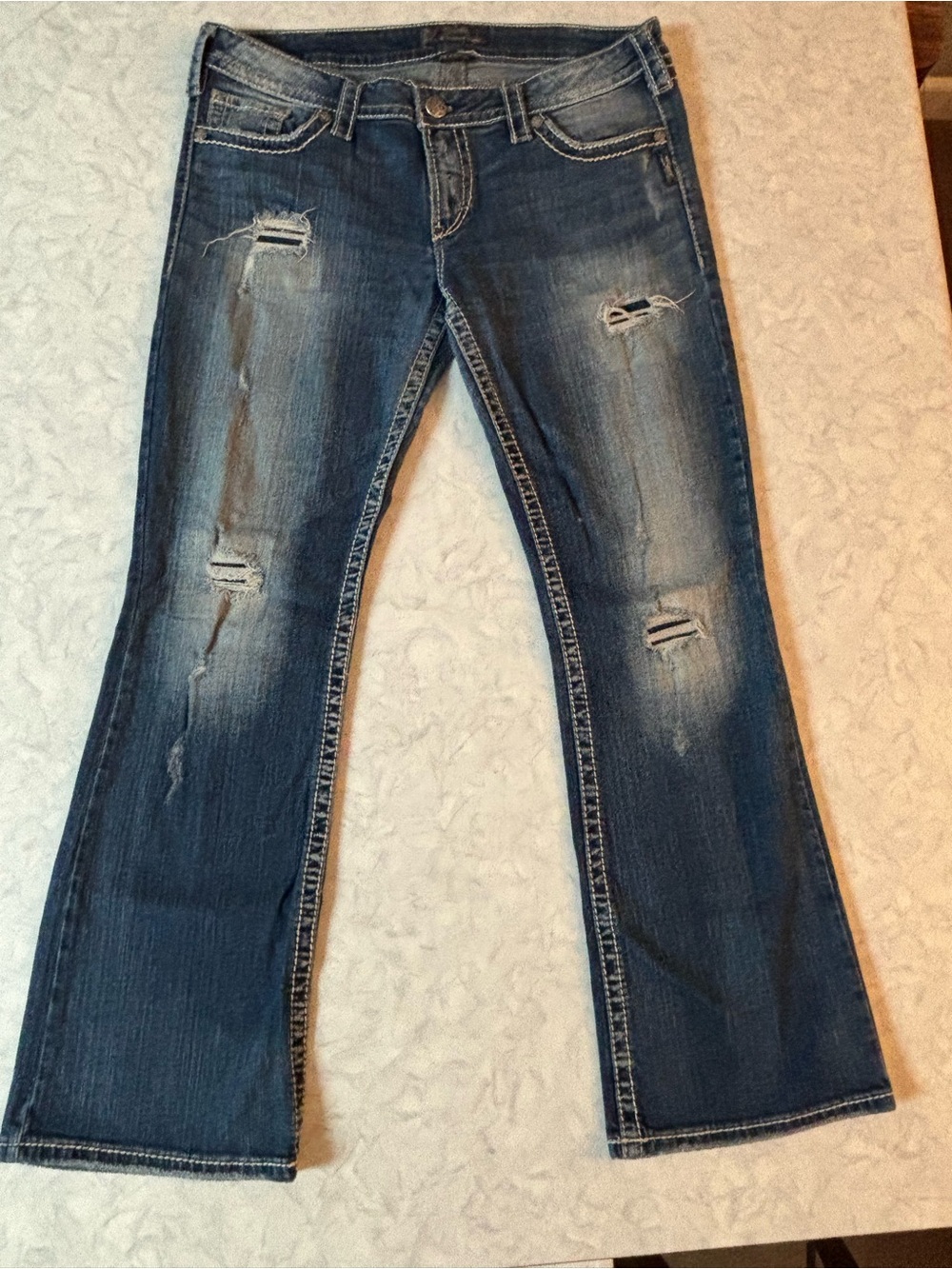 Silver Jeans Co Pioneer Men 34x31 Distressed Bootcut Thick Stitch Blue Denim Y2K